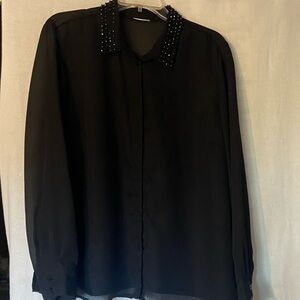 Elegant Black Studded Collar Sheer Blouse